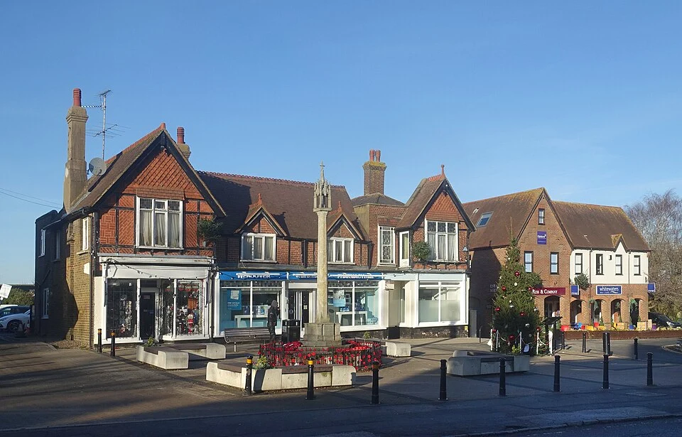 Wendover town centre with shops and monument